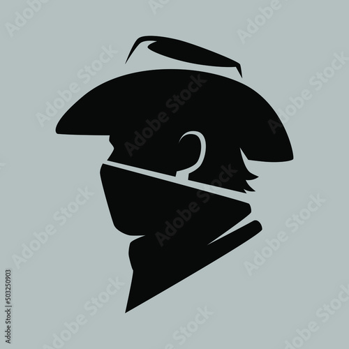 Cowboy masked outlaw symbol side view on gray backdrop. Design element