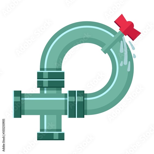 Broken metal pipe with leakage of water. Vector illustration of industrial pipelines with leaks. Cartoon tap, pressure meter isolated on white