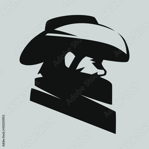 Cowboy masked outlaw symbol side view on gray backdrop. Design element