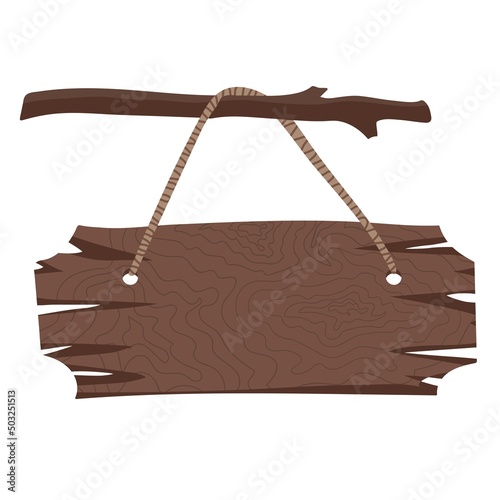 Hand drawn empty wooden sign with rope hanging on a tree branch. Vector illustration on white background. 