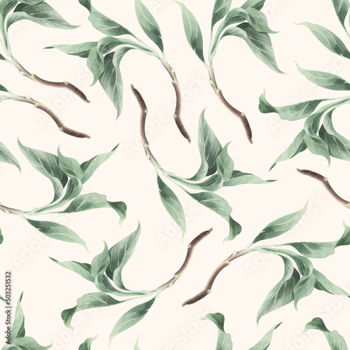 Watercolor seamless pattern with apple tree leaves.