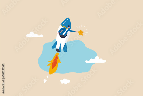 Innovation to help or support work success, entrepreneurship or winning business challenge, work opportunity or business accomplishment concept, businessman riding fast rocket to catch golden star.
