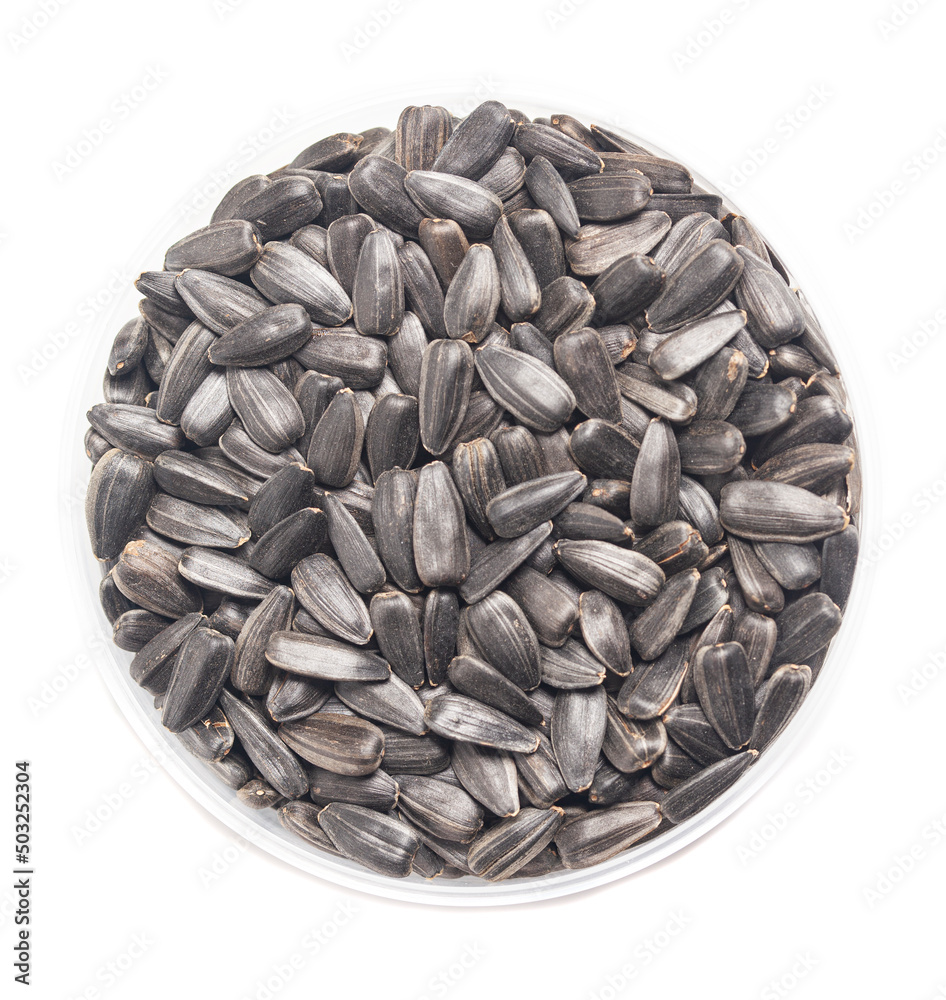 Sunflower seeds in cup isolate on a white background Sunflower seeds in cup isolate on a white background