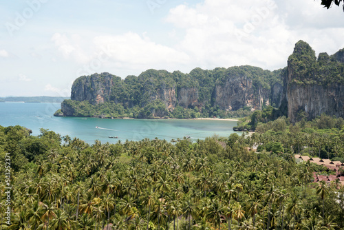 Aerial View Landscape Nature Railay Beach white sand and blue sea with limestone in Railay Ao nang Krabi Thailand - sunny day summer 