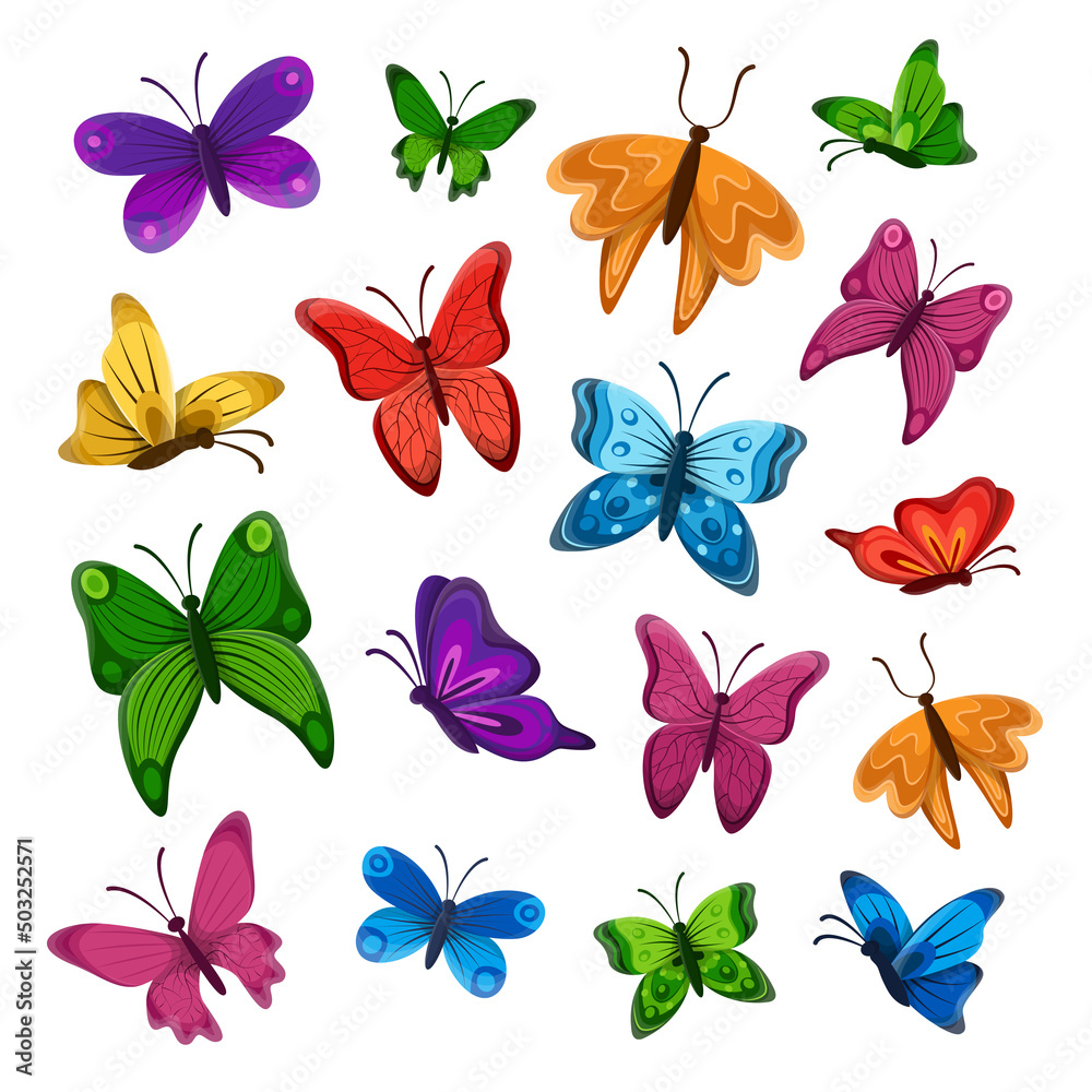 Tropical butterflies of different colors set. Vector illustrations of insects with multicolored wings. Cartoon blue yellow orange green violet red animals isolated white. Fantasy, tattoo concept