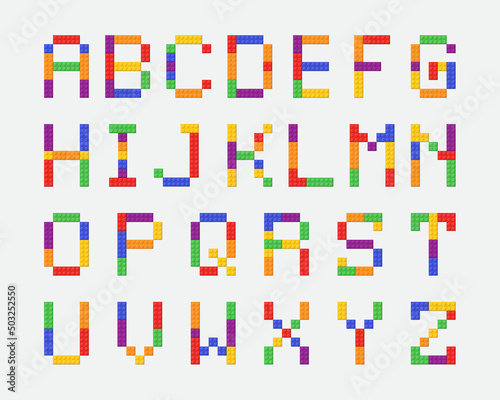 Alphabet from colorful toy bricks cartoon illustration set. Rainbow letters from blocks for children posters, games, banner or to compose word. ABC typography, font concept