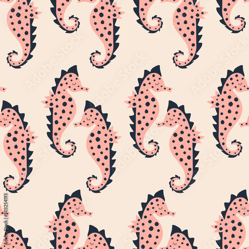 Cute seahorses hand drawn vector illustration. Underwater animal seamless pattern for kids fabric.