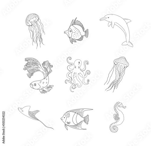 Sea fishes line icons. Ocean animals vector illustration. Jellyfish, dolphin, seahorse, octopus outline set.