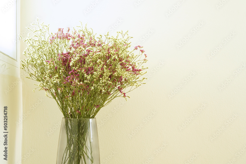 Dried pink and white Statice flower with glass vase under warm sunlight beside window on beige background with copy space , selective focus