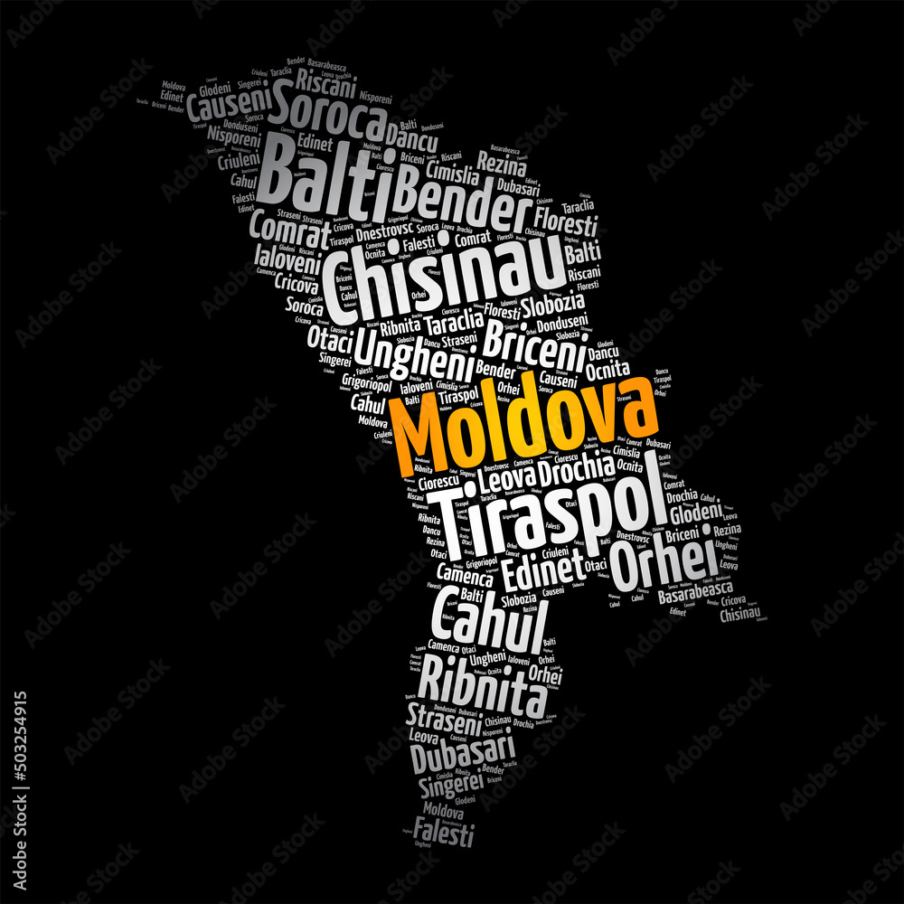 List of cities and towns in Moldova, map word cloud collage, business and travel concept background List of cities and towns in Moldova, map word cloud collage, business and travel concept background