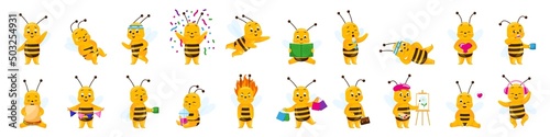 Set of smiling cute cartoon bee character isolated on white background. Collection of funny insect.