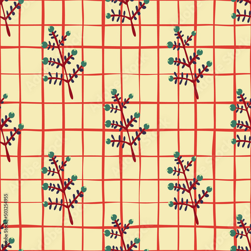 Hand drawn a sprig with berries seamless pattern. Branch with leaves and berry wallpaper.