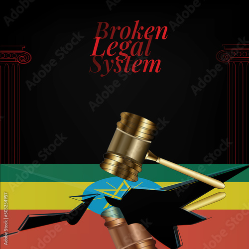 Ethiopia's broken legal system concept art.Flag of Ethiopia and a gavel