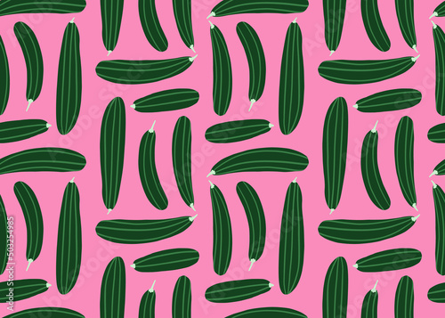 Seamless pattern with zucchini on pink background. Green courgette wallpaper. Creative vegetables endless wallpaper.