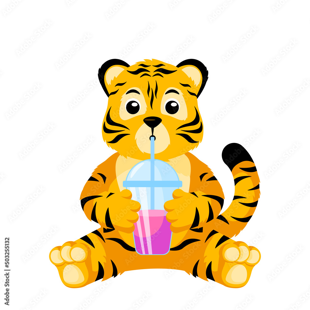 Cute little Tiger drinking juice isolated. Character cartoon striped tiger with cup. Cute little Tiger drinking juice isolated. Character cartoon striped tiger with cup.