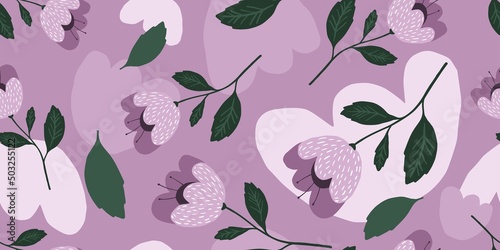 Creative flower stylized seamless pattern. Hand drawn botanical illustration. Abstract doodle floral shape. Naive art style.