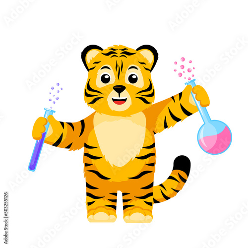Little Tiger scientist isolated. Cute character cartoon striped tiger teacher chemistry.