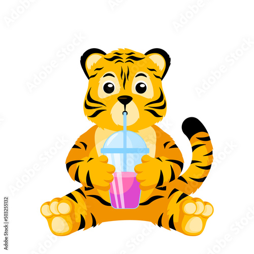 Cute little Tiger drinking juice isolated. Character cartoon striped tiger with cup.