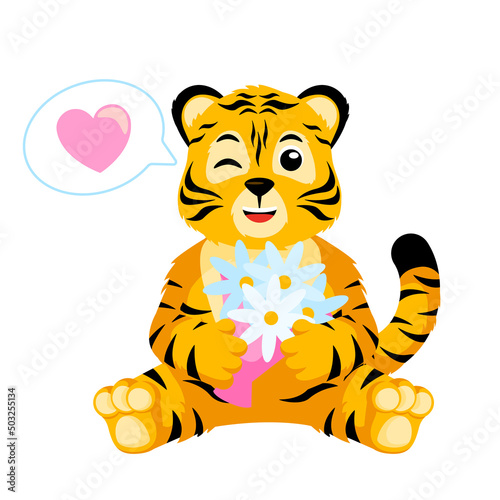 Cute little Tiger wink character isolated. Happy club cartoon striped tiger fall in love.