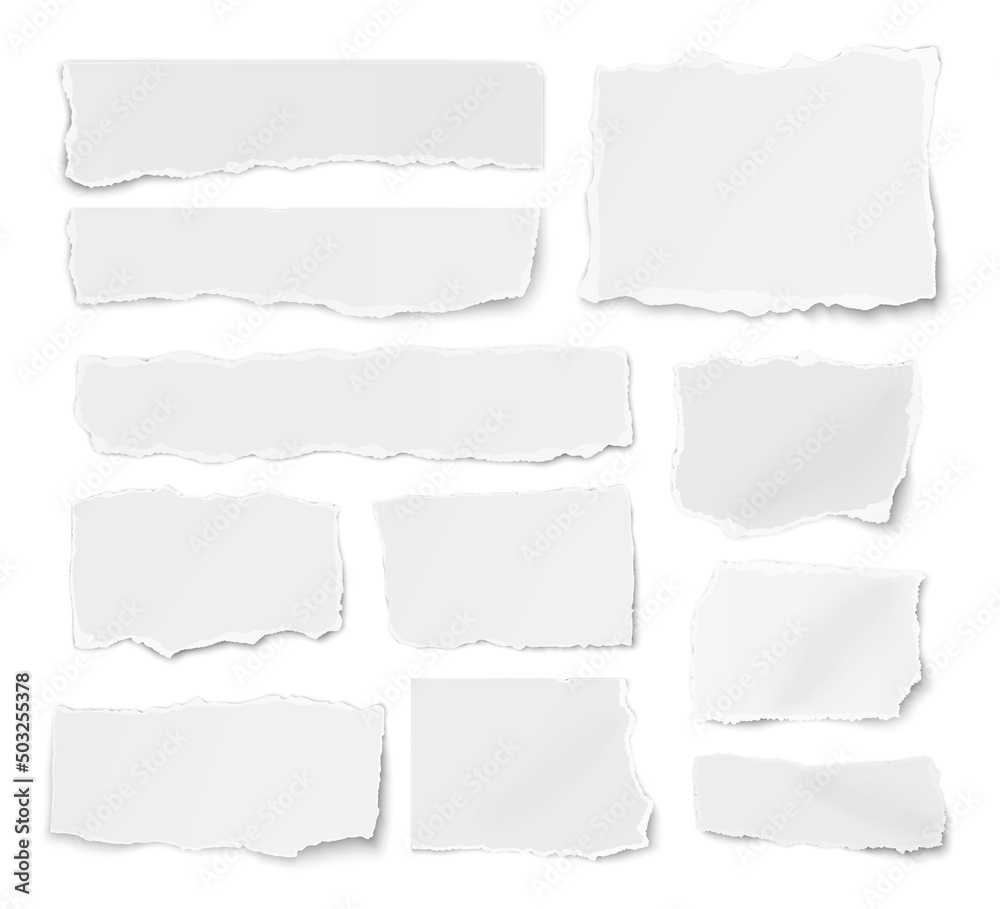 Set of paper different shapes ripped scraps fragments wisps isolated on white background. Vector illustration.