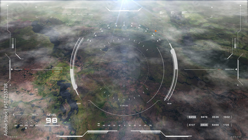 Hud Futuristic Aerial Surveillance Flyover Mystery Mountain for Enemy Target Checking. Digital Ui Security Technology Landscape Scanning Illustration Infographic Futuristic Background.