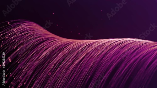Many Pink Lines with Bright Particles Forming Wave and Disappear, Glowing and Moving on dark backround. Purple Particles lines. Spiral Structures. Lighting Effects. Animation. Gradient. Futuristic