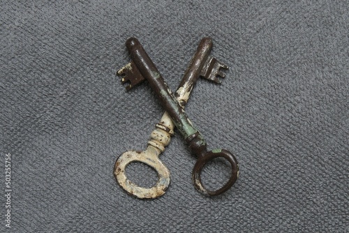 Two old keys on a gray background. © Igor