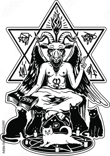 
Baphomet. Vector illustration in engraving technique of demon with goat head, wings and woman body.With black cats and a white cat in the middle.Satanic, occult symbol. Isolated on white background.
 photo