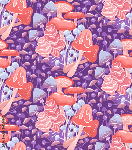 Vector psychedelic seamless pattern with hallucination mushrooms. Trance texture with natural neon fungus on violet background