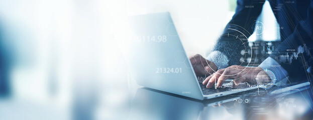 Business Intelligence, businessman using laptop computer with global network connection, data exchange, digital technology, data science and digital marketing, Investment on global business