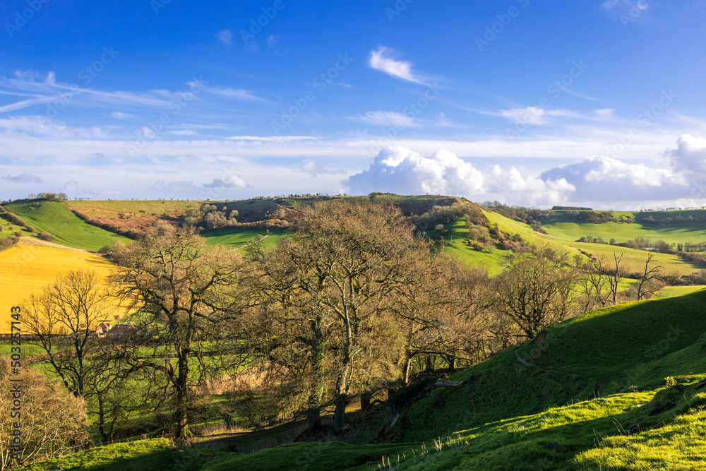 Beautiful countryside and magnificent views of the Somerset countryside from the ramparts of Cadbury hillfort south west England UK