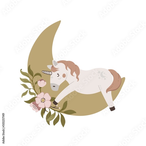 Cute magic unicorn sleep on moon vector illustration. Cartoon fantasy pony isolated on white background. Characters for birthday, invitation, baby shower card, kids t-shirts and nursery design.