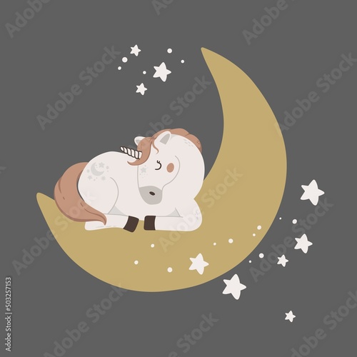 Sleeping cute unicorn with moon and stars. Magic pony hand drawn illustration. Characters for birthday, invitation, baby shower card, kids cloth and nursery design.