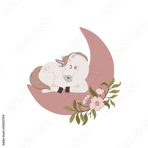 Cute magic unicorn sleep on moon vector illustration. Cartoon dream pony and floral elements isolated on white background. Kids poster, card, invitation, cloth design, nursery decor.