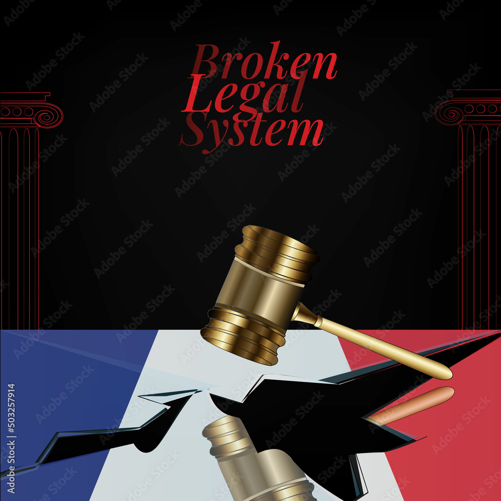 France's broken legal system concept art.Flag of France and a gavel