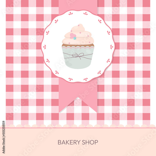 Bakery shop banner with cupcake and pink checkered pattern