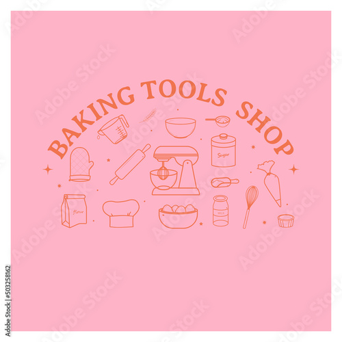 Baking tools shop badge line icons design