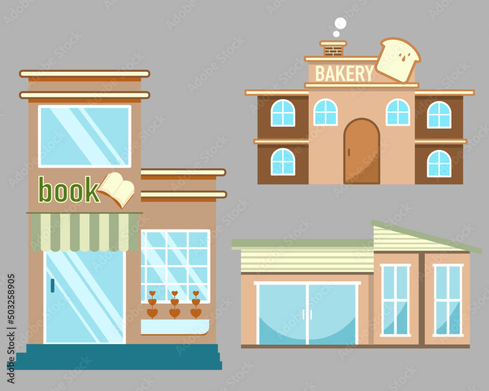 Flat design vector of building book, bakery and home on gray background Flat design vector of building book, bakery and home on gray background