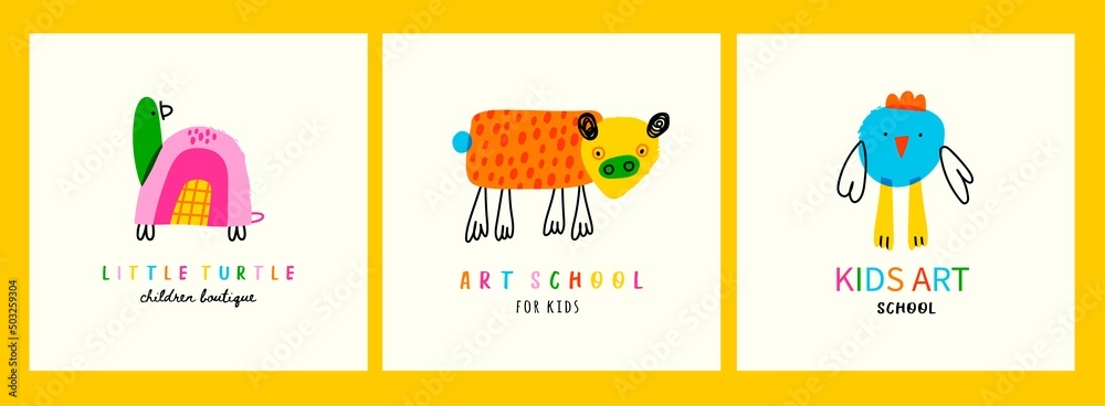 Cute little turtle, cow, bird. Kids art. Childish style drawing. Hand drawn colorful Vector illustration. Kindergarten, children art school logo or poster template. Set of three isolated cards