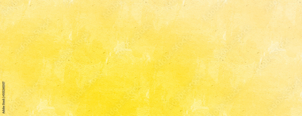Yellow watercolor on paper texture. Irregular stains pattern. Panoramic background. 