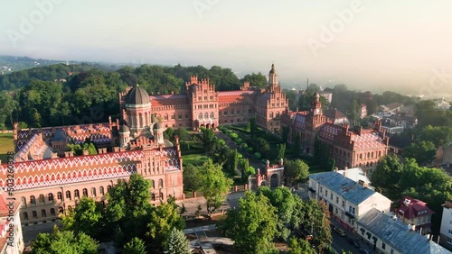 Chernivtsi university in Ukraine, aerial view, flying above a unesco world heritage site in Ukraine, famous historical building in Chernivtsi, Ukraine