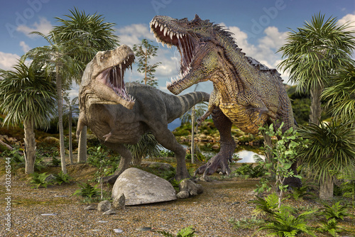 捕食しようと威嚇して歯をむき出しにする二頭のアロサウルスみたいな恐竜 © iARTS_stock