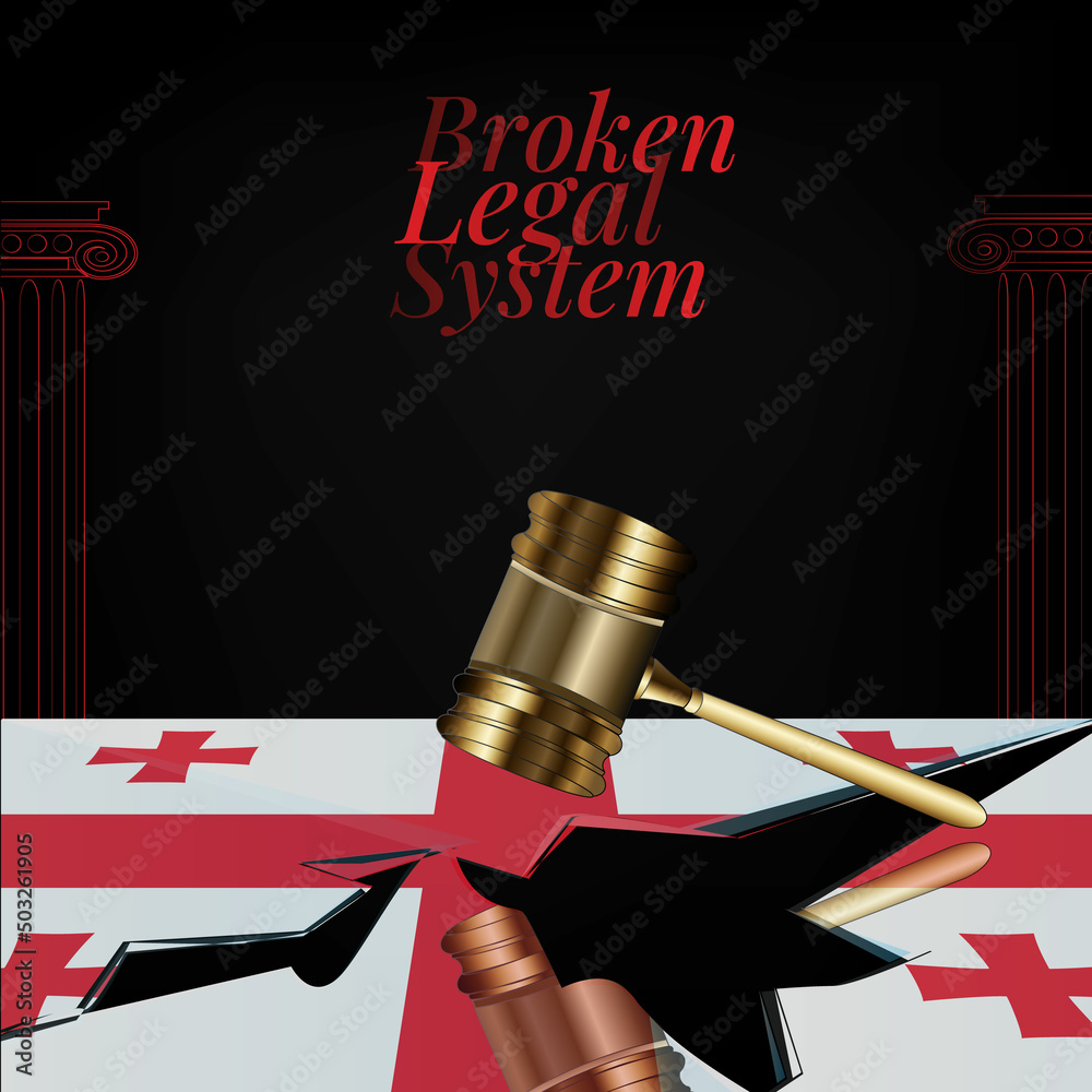 Georgia's broken legal system concept art.Flag of Georgia and a gavel
