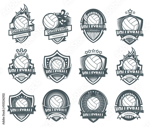 Illustration of black and white Volleyball logo set photo
