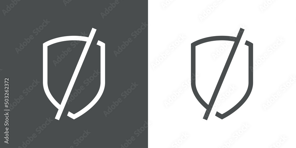 Logo control de seguridad. Icono símbolo prohibido con escudo con líneas en fondo gris y fondo blanco Logo control de seguridad. Icono símbolo prohibido con escudo con líneas en fondo gris y fondo blanco