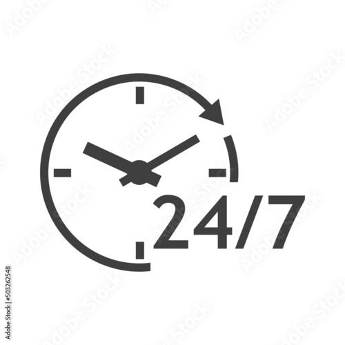 Logo con texto 24/7 con silueta de esfera de reloj simple con líneas con forma de flecha en círculo en color gris
