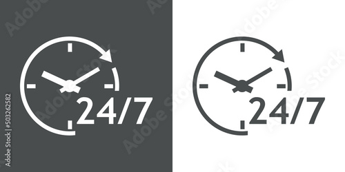 Logo con texto 24/7 con silueta de esfera de reloj simple con líneas con forma de flecha en círculo en fondo gris y fondo blanco