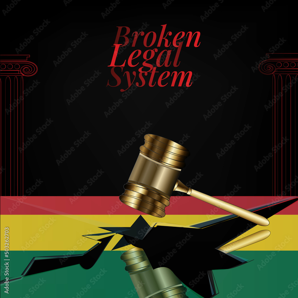 Ghana's broken legal system concept art.Flag of Ghana and a gavel