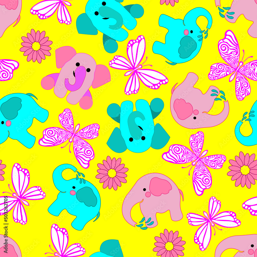Summer colourful baby pattern, pink and blue, elephants and butterflies, yellow background. Seamless pattern, kawaii, vector. Summer colourful baby pattern, pink and blue, elephants and butterflies, yellow background. Seamless pattern, kawaii, vector.
