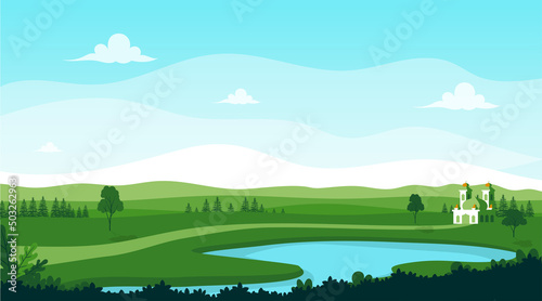 Nature landscape panorama with mosque building illustration